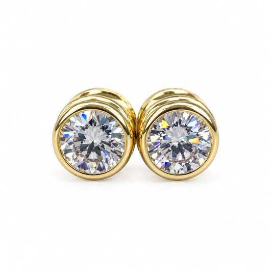 Round Moissanite Earrings 14K Yellow Gold, Bezel Set Moissanite Earrings, Round Shape Earrings With Moissanite, Forever One Moissanite, 6627