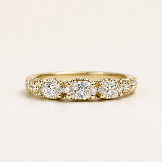 Lab Diamond Wedding Band , Unique Antique Marquis Lab Grown Diamond Stacking Band 14K Solid Gold , Half Eternity Cluster Diamond Ring #8832