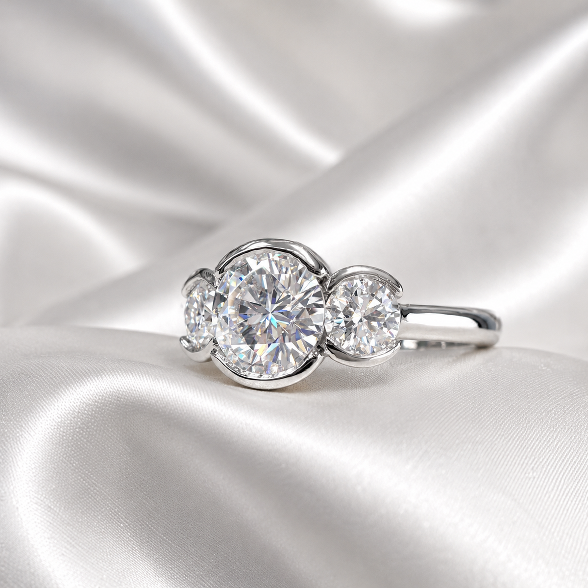 Lab Grown Diamond Engagement Ring Bezel Set , Round Lab Diamond Three Stone Bezel Set Engagement Ring , Trendy Bezel Set Diamond Ring #8814