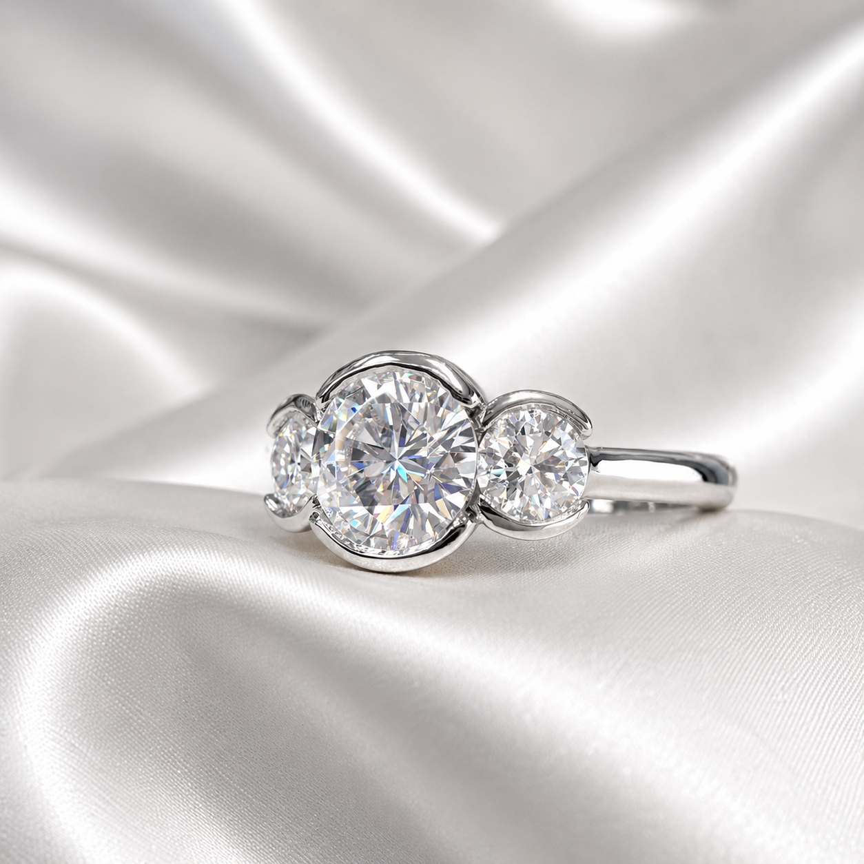 Lab Grown Diamond Engagement Ring Bezel Set , Round Lab Diamond Three Stone Bezel Set Engagement Ring , Trendy Bezel Set Diamond Ring #8814