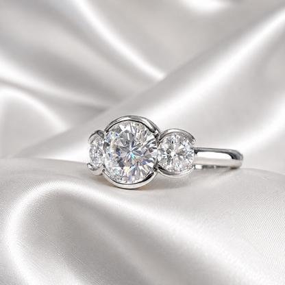 Lab Grown Diamond Engagement Ring Bezel Set , Round Lab Diamond Three Stone Bezel Set Engagement Ring , Trendy Bezel Set Diamond Ring #8814