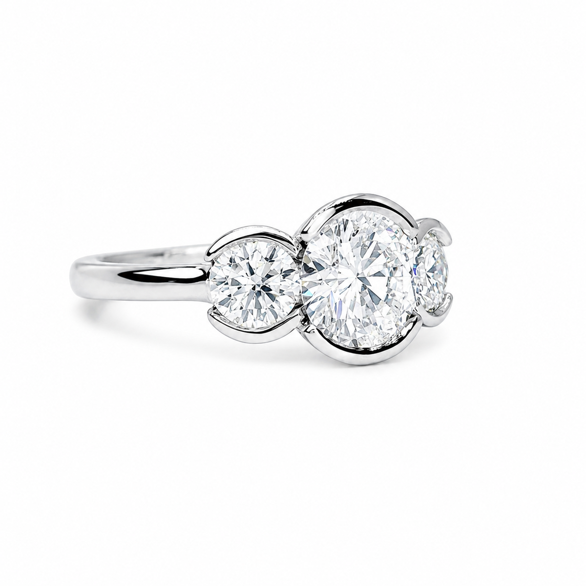 Moissanite Engagement Ring Bezel Set , Round Moissanite Three Stone Bezel Set Engagement Ring , Trendy Moissanite Ring For Women , #8813