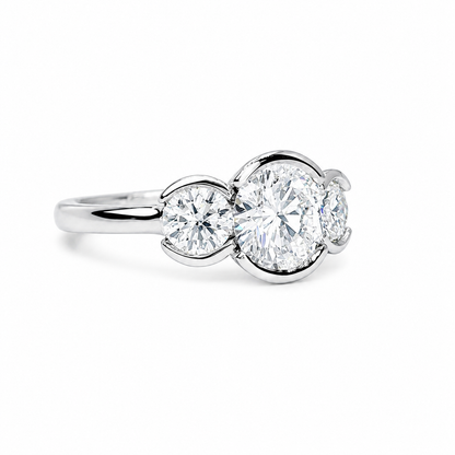 Moissanite Engagement Ring Bezel Set , Round Moissanite Three Stone Bezel Set Engagement Ring , Trendy Moissanite Ring For Women , #8813