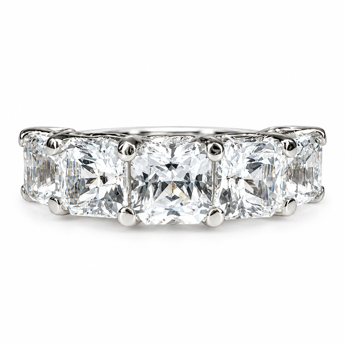 Radiant cut moissanite band, five stone square shape wedding ring, 3.75ctw, 14k white gold #6004