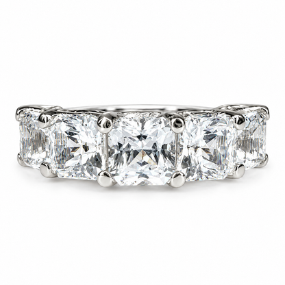 Radiant cut moissanite band, five stone square shape wedding ring, 3.75ctw, 14k white gold #6004