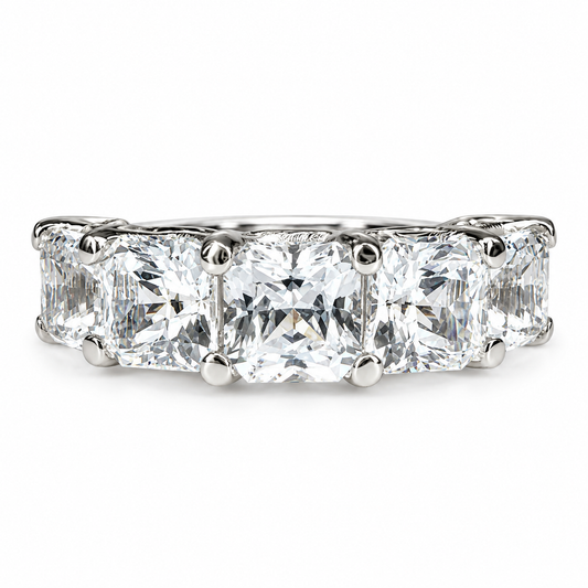 Radiant cut moissanite band, five stone square shape wedding ring, 3.75ctw, 14k white gold #6004