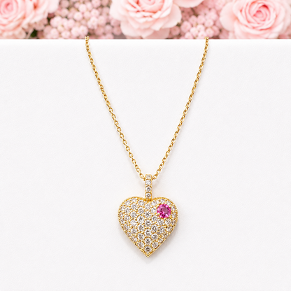 Lab Grown Diamond Heart Pendant With Ruby or Pink Sapphire 14K Solid Gold , Birthstone Heart Pendant , Puffy Heart Necklace #8861