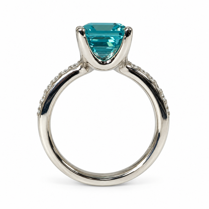 Emerald Cut Engagement Ring / Neon Blue Paraiba Wedding Ring / Paraiba and Moissanite Ring / 14k White Gold / #6268