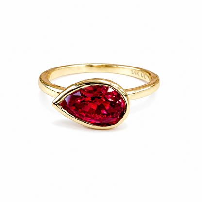 Bezel Set Pear Shape Emerald, Ruby, Pink Sapphire, Birthstone Ring 14K Solid Gold , Pear Shape Solitire Sideways Ring #8834