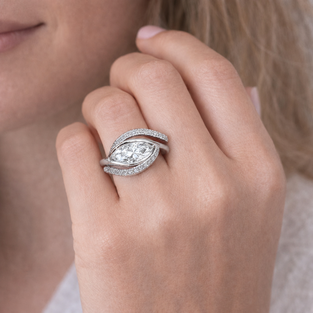 1 Carat East West Marquise Lab grown Diamond Ring 14K Solid Gold, Diamond Wrap Ring, Unique Engagement Ring, Statement Cocktail Ring #8879