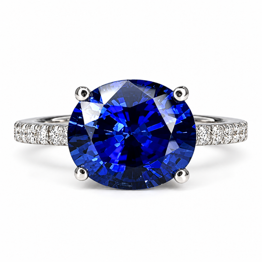 Oval  Blue Sapphire And Genuine Diamond Ring Set Horizontal In 14k White Gold #5777