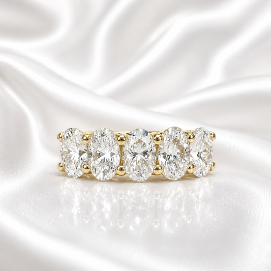 Lab grown diamond wedding band, Lab created diamond half eternity band 14k solid gold, 5 stone oval cut diamond ring, cvd diamond ring