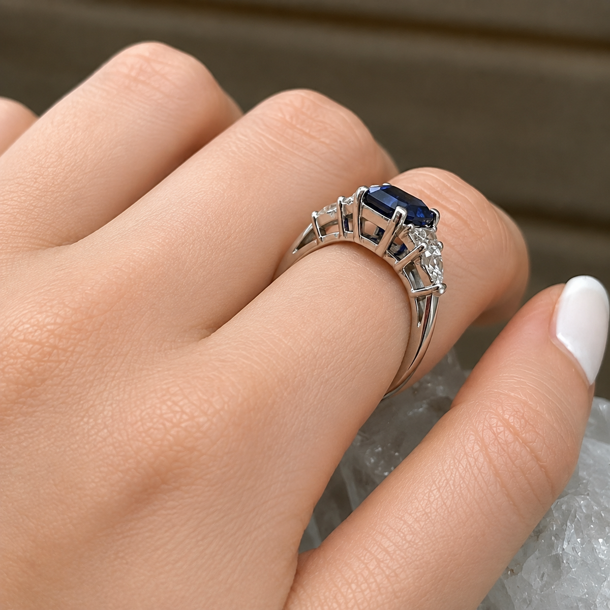 Blue Sapphire Engagement Ring White Gold, Unique Vintage Blue Sapphire Cluster Ring,  Sapphire and Moissanite Cluster Ring For Women
