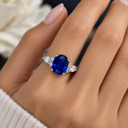 Oval Blue Sapphire Engagement Ring 14K Solid White Gold , Unique Vintage Oval Cluster Ring For Women , Blue Sapphire Engagement Rings  #7213