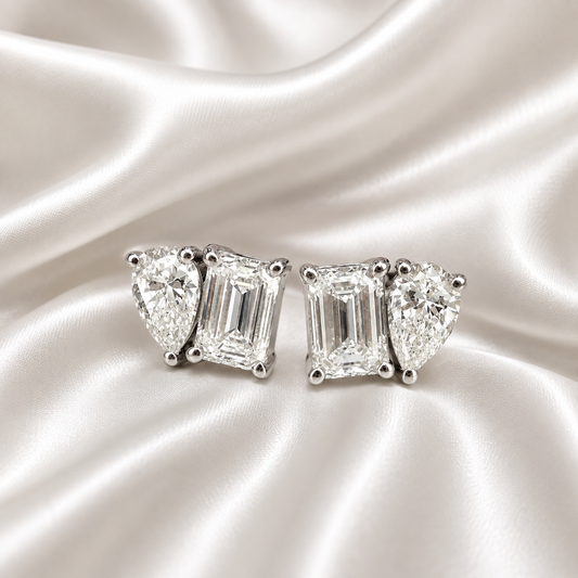 14k Gold Diamond Earrings – Toi Et Moi Pear & Emerald Shape Studs 2 CTW