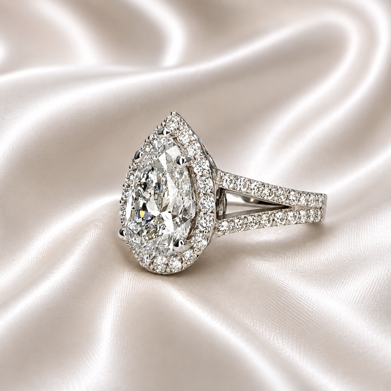 Lab created diamond engagement ring 14k solid gold, Pear shaped lab grown diamond ring, Lab grown diamond hidden halo engagement ring