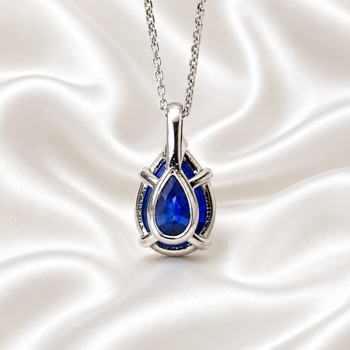 Blue Sapphire Necklace 10K White Gold, Pear Shape Blue Sapphire Pendant Necklace For Ladies, Layering September Birthstone Jewelry, #8847