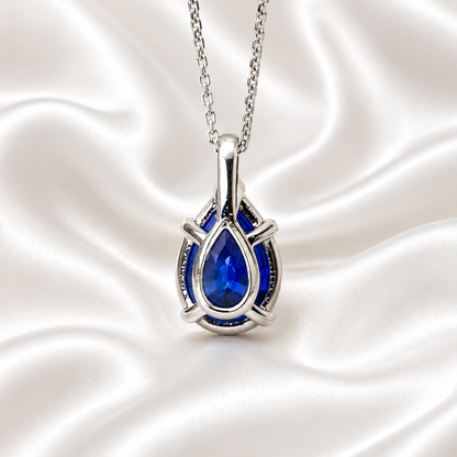 Blue Sapphire Necklace 10K White Gold, Pear Shape Blue Sapphire Pendant Necklace For Ladies, Layering September Birthstone Jewelry, #8847