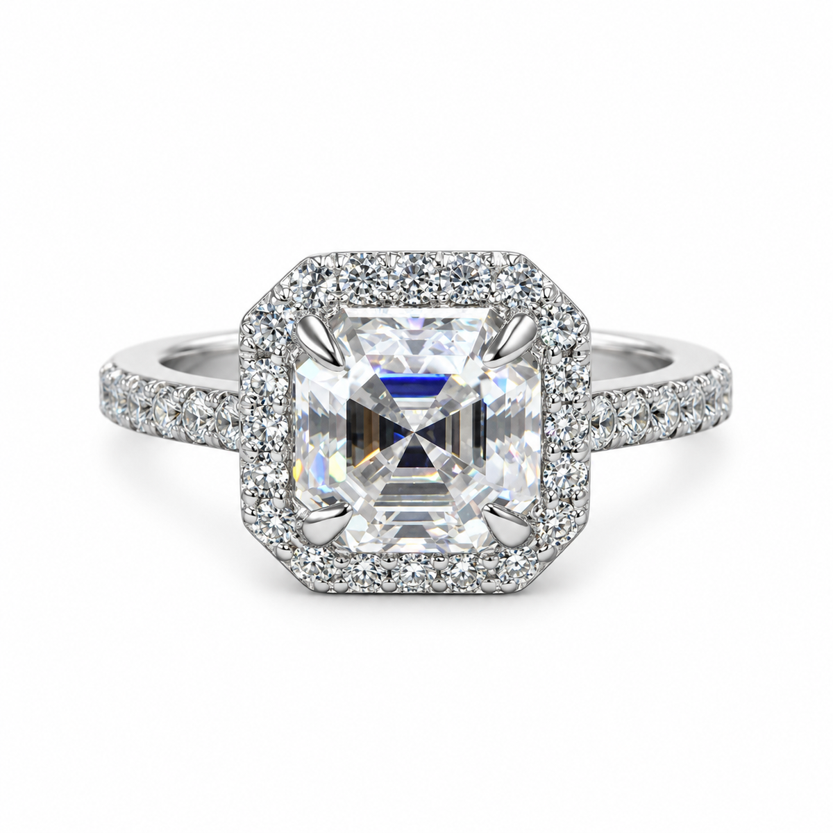 Asscher Cut Moissanite Engagement Ring 14K White Gold, Forever One Halo Engagement Ring For Women, Unique Vintage Wedding Promise Rings