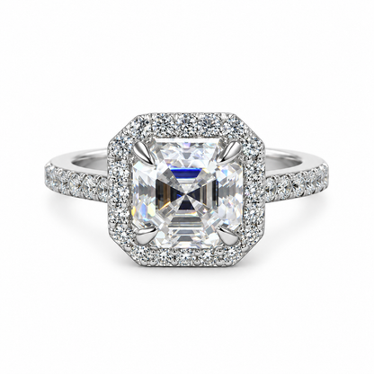 Asscher Cut Moissanite Engagement Ring 14K White Gold, Forever One Halo Engagement Ring For Women, Unique Vintage Wedding Promise Rings