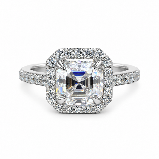 Asscher Cut Moissanite Engagement Ring 14K White Gold, Forever One Halo Engagement Ring For Women, Unique Vintage Wedding Promise Rings