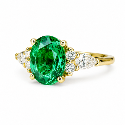 Oval Cut Emerald Engagement Ring, 14k Gold Oval Cut Emerald And Pear Moissanite Wedding Ring, Pear And Round Cluster Moissanite Ring  #7142
