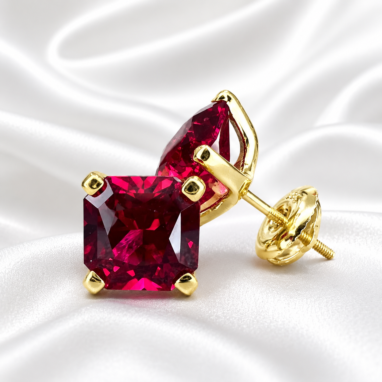 Radiant Cut Studs, 3.50CTW Blood Red Ruby Earring, Dainty Jewelry, 14k Yellow Gold, #6181