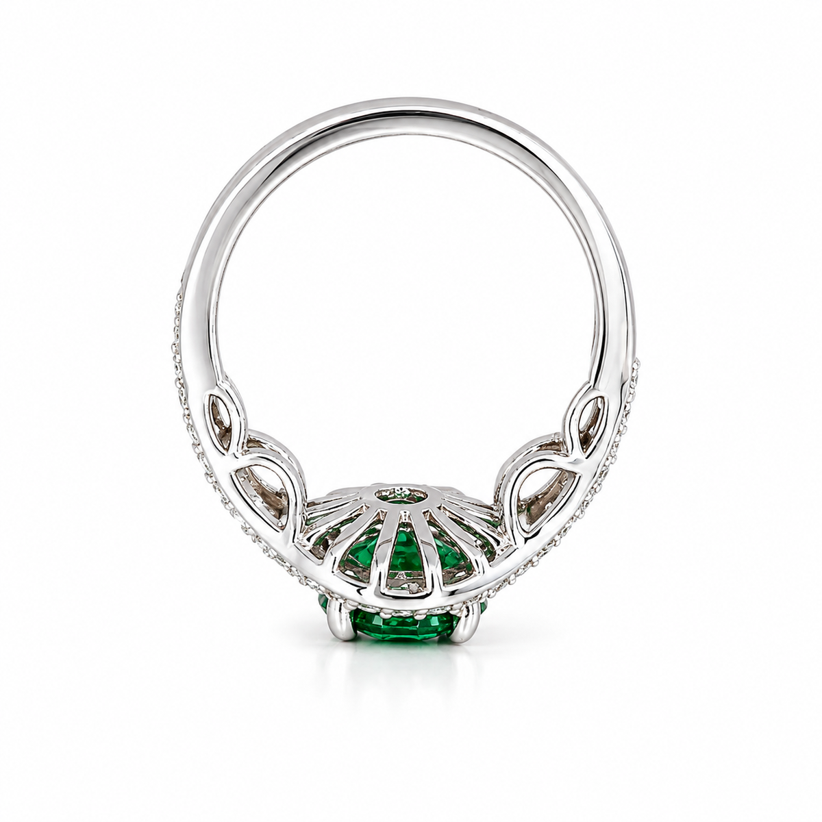 Round Emerald Engagement Ring 14K Solid Gold , Three Stone Emerald and Lab Diamond Ring #8643