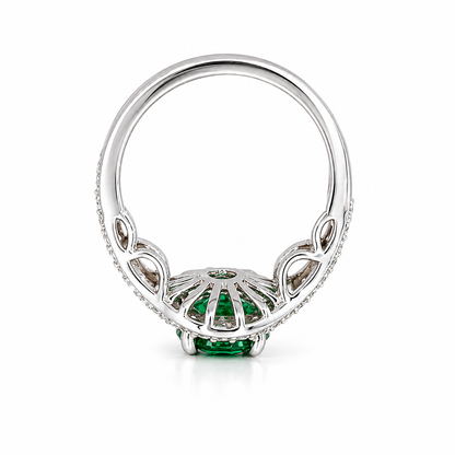 Round Emerald Engagement Ring 14K Solid Gold , Three Stone Emerald and Lab Diamond Ring #8643