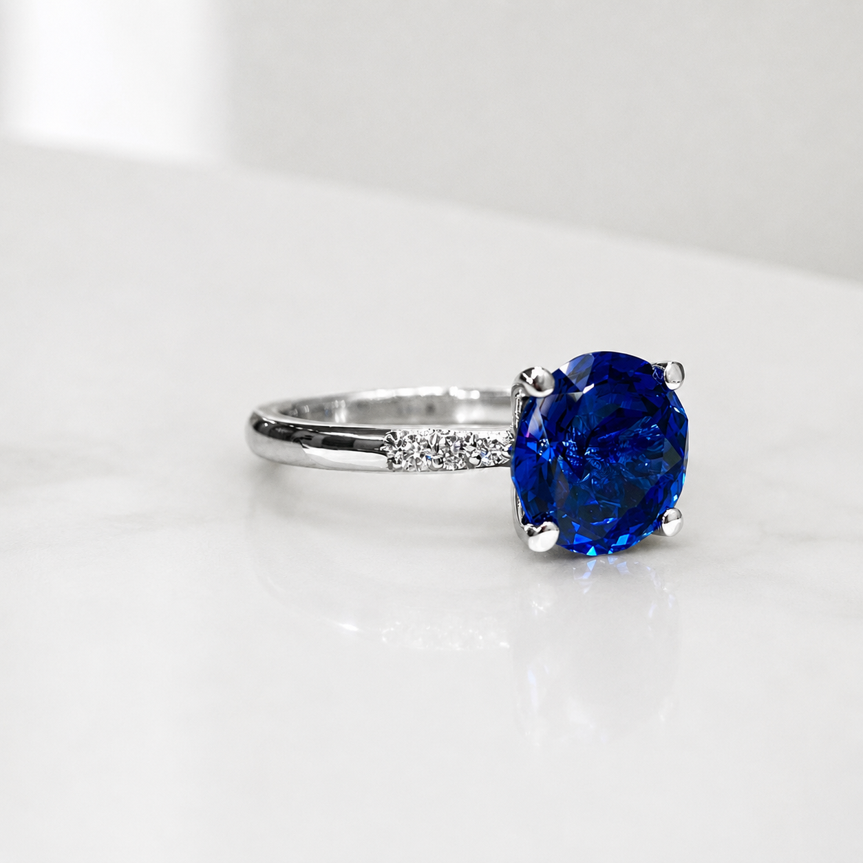 Round Blue Sapphire Engagement Ring 14k White Gold, Three Stone Blue Sapphire Engagement Rings , Blue Sapphire Promise Anniversary Ring 7259