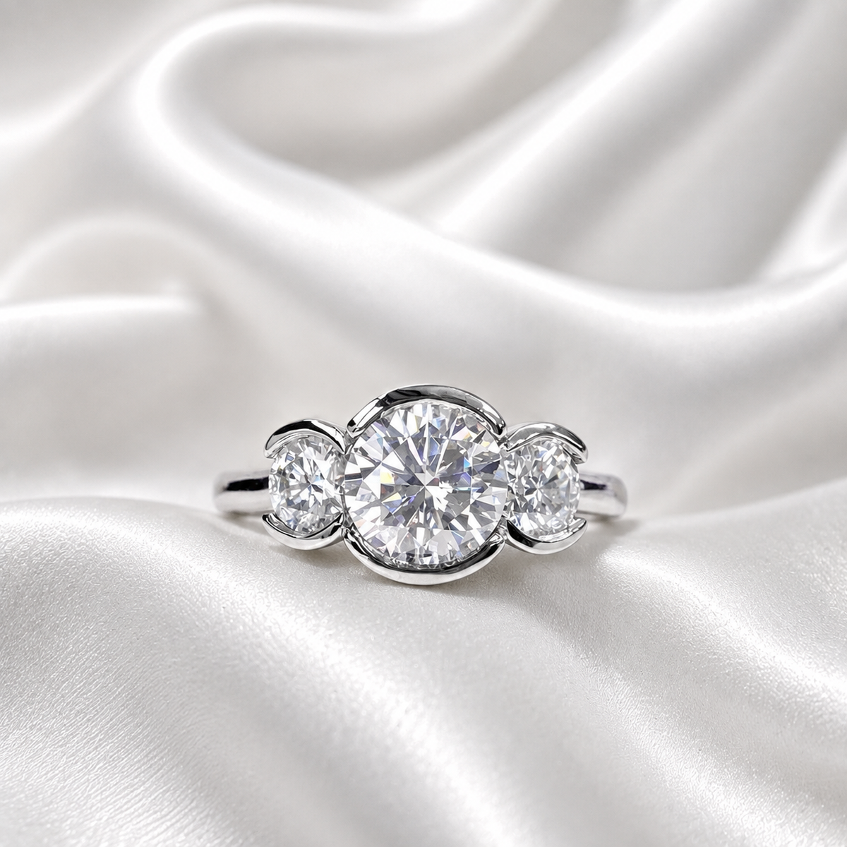 Lab Grown Diamond Engagement Ring Bezel Set , Round Lab Diamond Three Stone Bezel Set Engagement Ring , Trendy Bezel Set Diamond Ring #8814