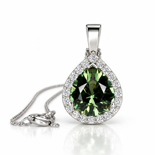 Teardrop Pendant Necklace 14K Solid Gold, Pear Shaped Olive Green Sapphire and Moissanite Pendant Necklace, Birthstone Gem Necklace,  #7917