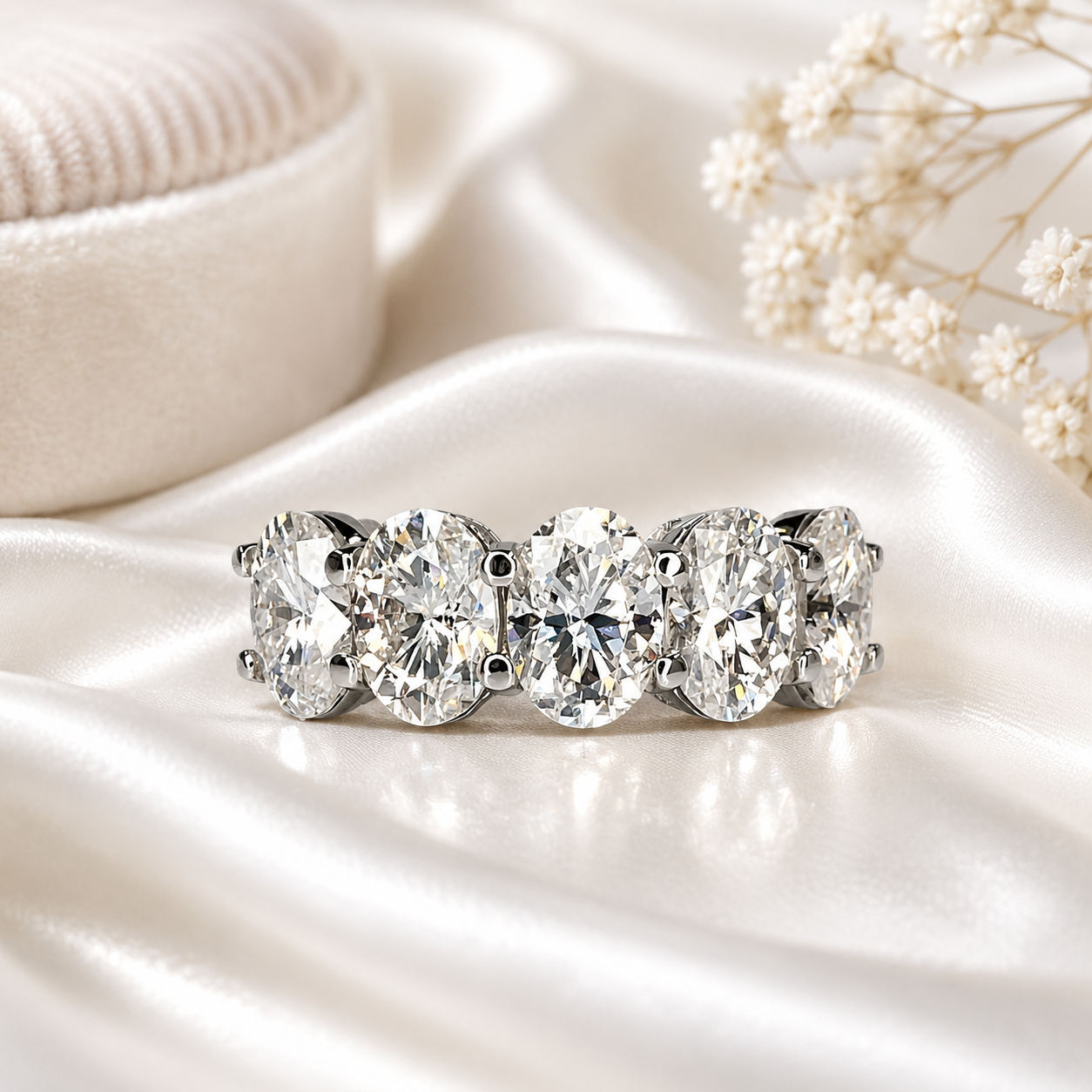 Lab grown diamond wedding band, Lab created diamond half eternity band 14k solid gold, 5 stone oval cut diamond ring, cvd diamond ring