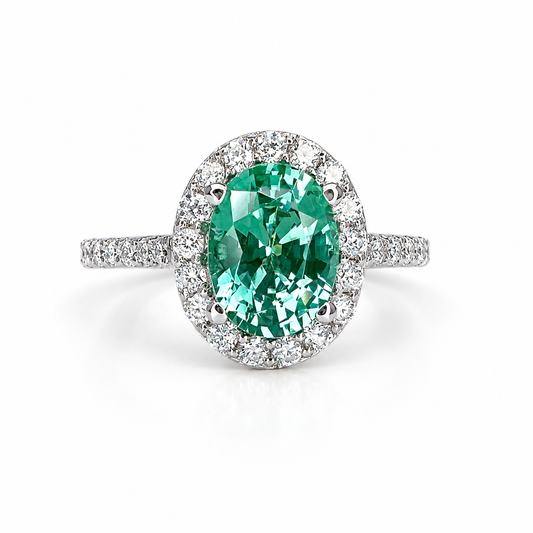 Oval green paraiba tourmaline engagement ring 14k gold, Moissanite oval halo engagement ring, Unique wedding anniversary promise ring, #8021