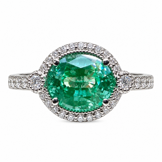 East West Vintage Oval Halo Green Paraiba Engagement Ring  White Gold Unique Vintage Wedding Promise Anniversary  Bridal Ladies Ring   #7416