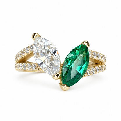 Toi et Moi Ring, Two Stone Engagement Ring Birthstone Ring Emerald Marquis and Moissanite Unique Engagement Ring Anniversary Ring  Love Ring