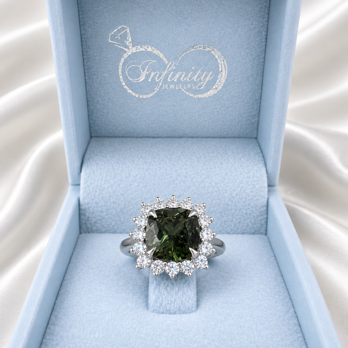 3.95 CTW Cushion Cut Olive green Sapphire Engagement Ring With Lab Grown Diamond Halo 14K Solid Gold with a Euro Shank #8852