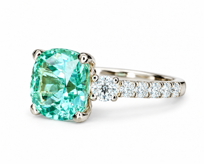 Cushion Cut Green Paraiba With Moissanite Engagement Ring 14K Yellow Gold, Cushion Shaped Vintage Style Green Paraiba Engagement Ring, #7488