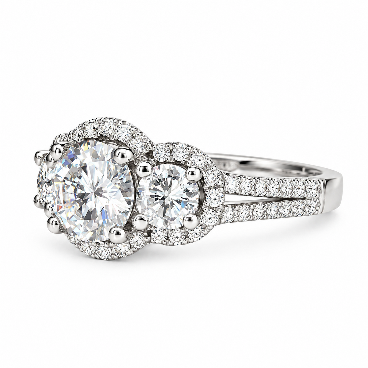 Three Stone Round Halo Diamond Engagement Ring White Gold Vintage Style Round Engagement Ring Halo Setting Past Present Future Rings  #4059