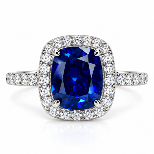 Elongated Cushion Blue Sapphire And Diamond Engagement Ring, Sapphire And Moissanite Wedding Ring, 14K Gold September Birthstone Ring #6813