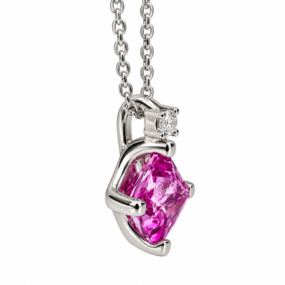 Pink Sapphire and Diamond Pendant Necklace 14K Yellow Gold, Radiant Cut Pink Sapphire Necklace, Dainty Necklace, October Birthstone,  #6476