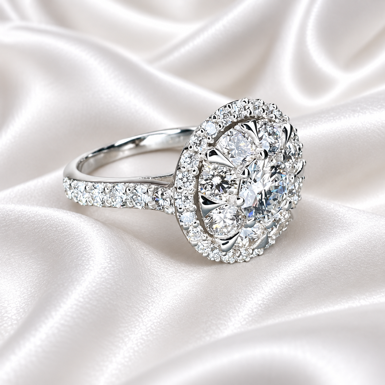 Lab grown diamond ring 14K  white gold, Round cut lab grown diamond engagement ring 14k, Lab grown diamond ring with halo Unique ring