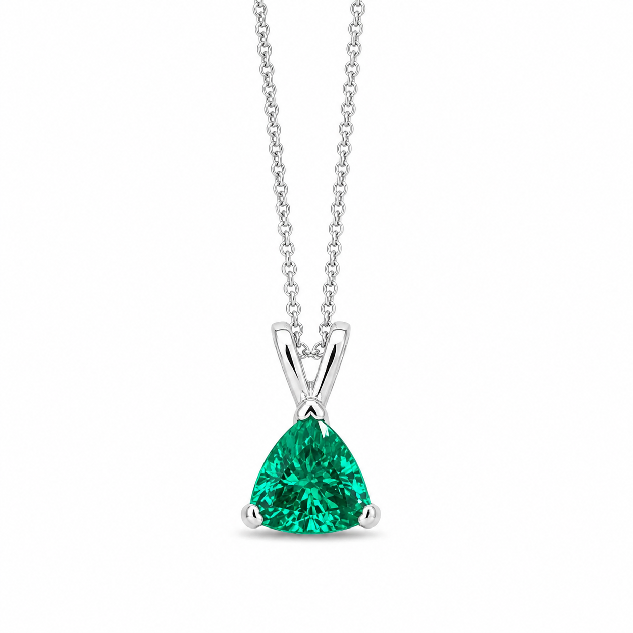 Emerald Trillion Shape Pendant Necklace For Ladies, 14k White Gold Dainty Layering Necklace, Triangle Shape May Birthstone Pendant.    #6074