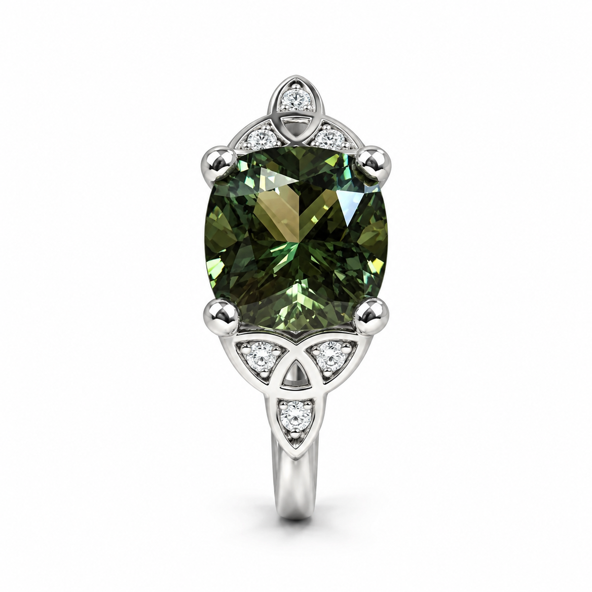 Green Sapphire Engagement Ring 14K Olive Green Cushion Cut Sapphire Celtic Engagement Ring Moissanite Celtic Gold Wedding Promise Ring #7300