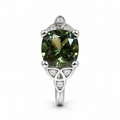 Green Sapphire Engagement Ring 14K Olive Green Cushion Cut Sapphire Celtic Engagement Ring Moissanite Celtic Gold Wedding Promise Ring #7300