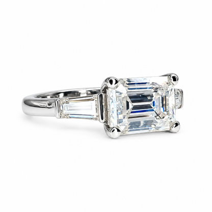 East to West Emerald Cut Moissanite Engagement Ring With Tapered Baguette Diamond Side Stones in 14K Solid White Gold, or Yellow Gold #8114
