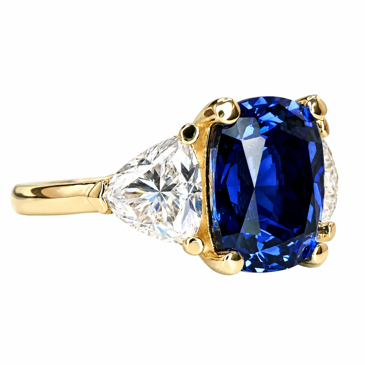 3.30. CT Elongated Cushion Cut Blue Sapphire Engagement Ring and Moissanite Trillion Accents, Blue Sapphire and Moissanite Ring  14K White Gold #6800