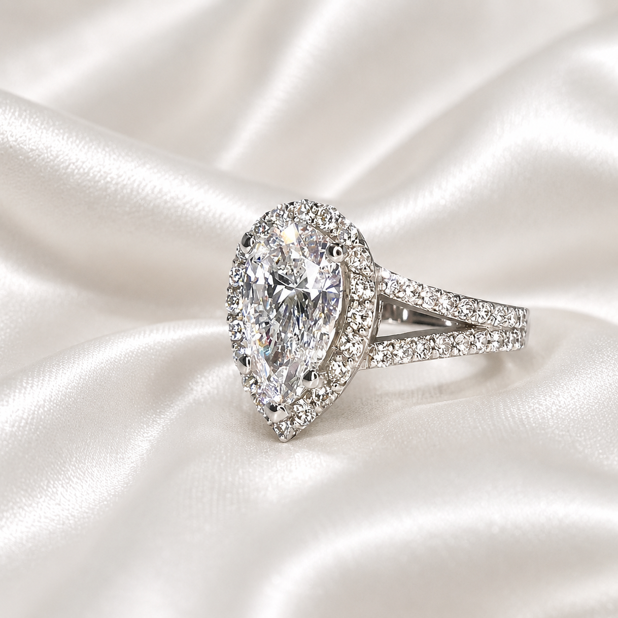 Lab created diamond engagement ring 14k solid gold, Pear shaped lab grown diamond ring, Lab grown diamond hidden halo engagement ring