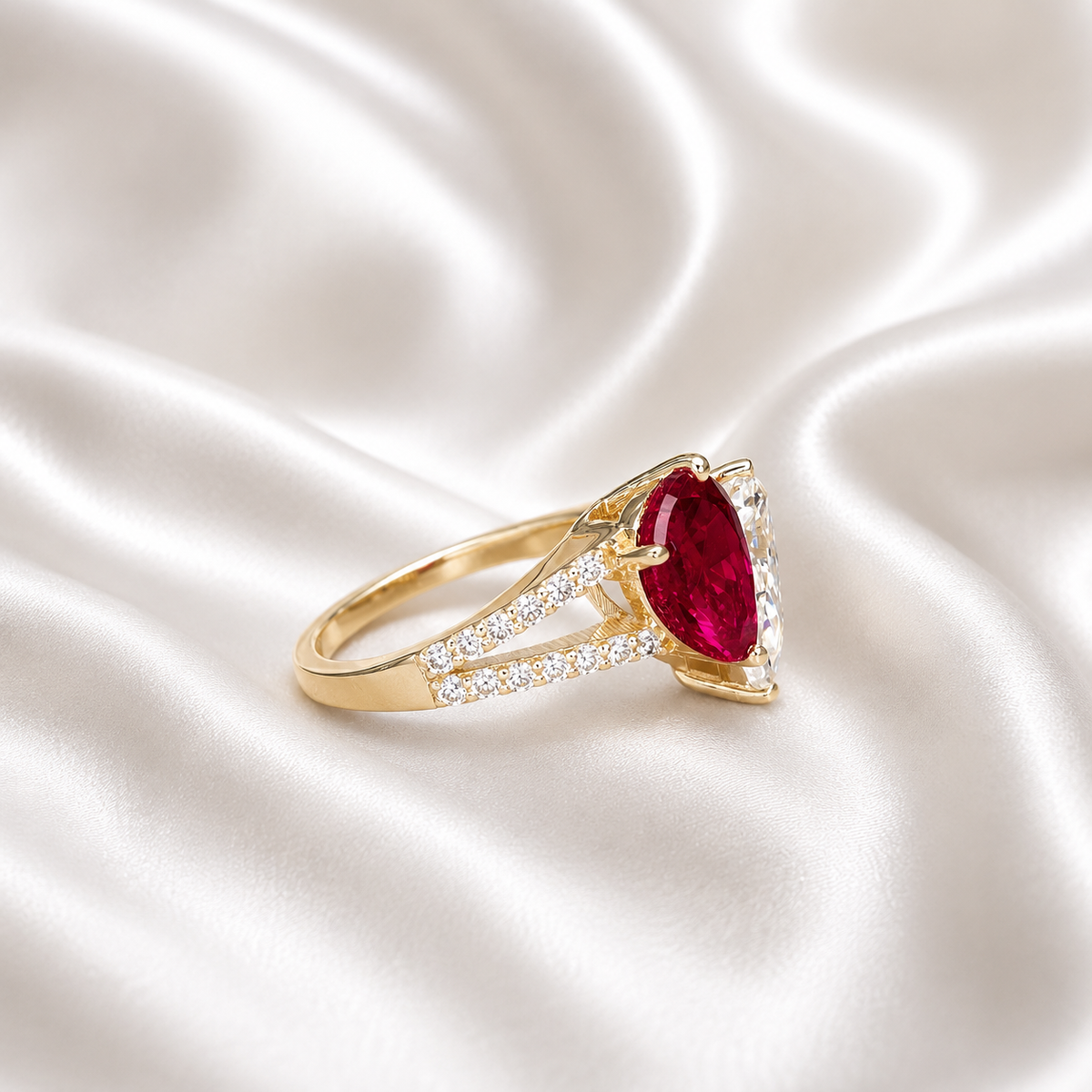 Toi Et Moi Ring Pear Ruby and Moissanite Pear Shape Ring Yellow Gold Engagement Ring Unique Two Stone Vintage Promise Anniversary Ring #7483