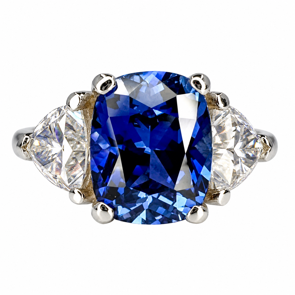 3.30. CT Elongated Cushion Cut Blue Sapphire Engagement Ring and Moissanite Trillion Accents, Blue Sapphire and Moissanite Ring  14K White Gold #6800